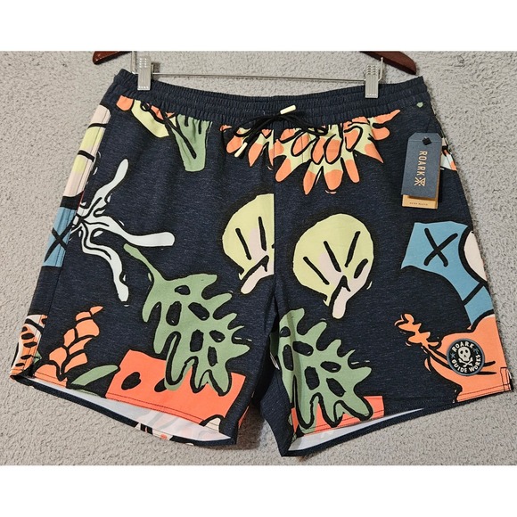 Roark Board Shorts Shorey 16" Shell Cove Large Dark Navy Floral Swim Hawaiian - Picture 1 of 7